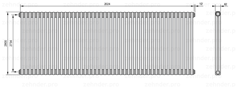 Схема (чертеж) Радиатор Zehnder Charleston 2280/44 №1270 Белый глянцевый RAL 9016